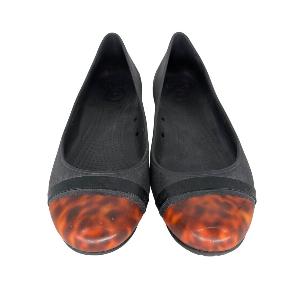 Crocs Gianna Faux Tortoise Shell Cap Toe Ballet Flat Womens 10 Black Minimalist